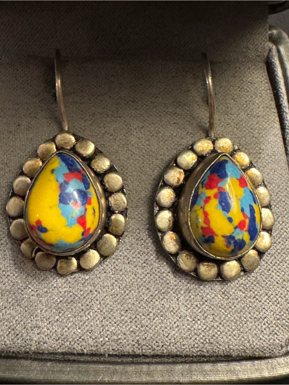 Sterling Silver Multicolor Confetti Cabochon Teardrop Dangle Earrings
